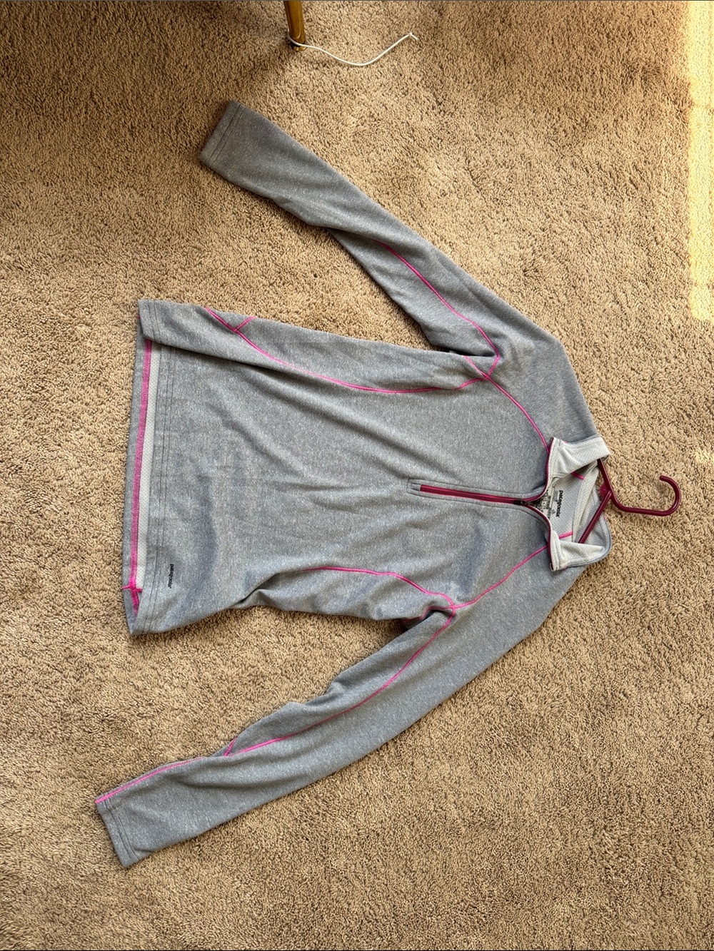 Not available- Patagonia Gray Quarter-Zip capilene midlayer with pink Trim